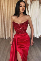 Beautiful Long Red Sequined Mermaid Satin Strapless Prom Evening Dresses with Slit